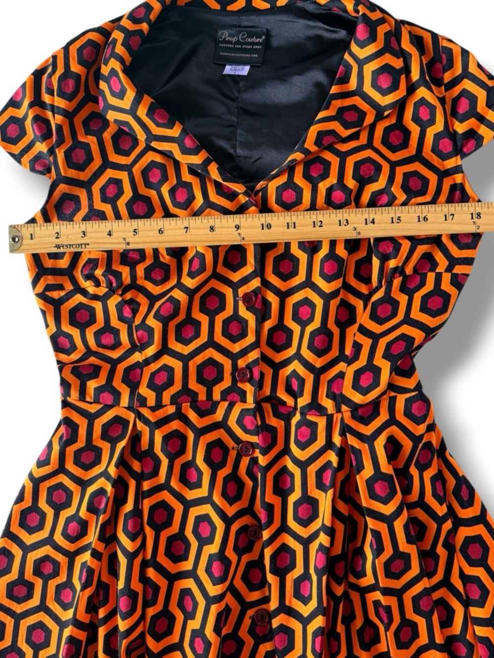 Pinup Couture Overlook Print Dress RARE The Shining Geo Orange Red Black Large - Picture 4 of 8